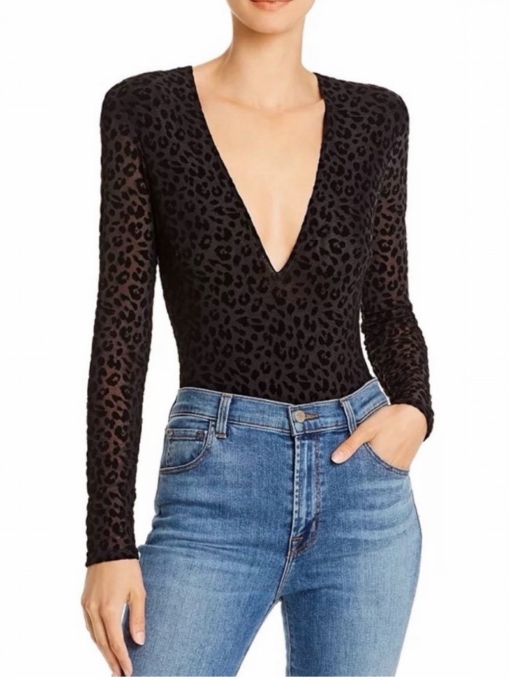 Womens Black Leopard Deep V-Neck Long Sleeve Top